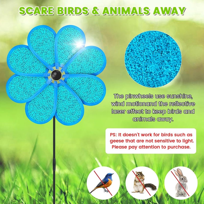 DECEED 4PCS 11.4" W x 28" H Reflective Pinwheels Sparkly Lawn Wind Spinners Colorful Rainbow Windmill for Garden Decoration Bird Devices Deterrent to Scare Birds Away（Light Blue） - Image 5